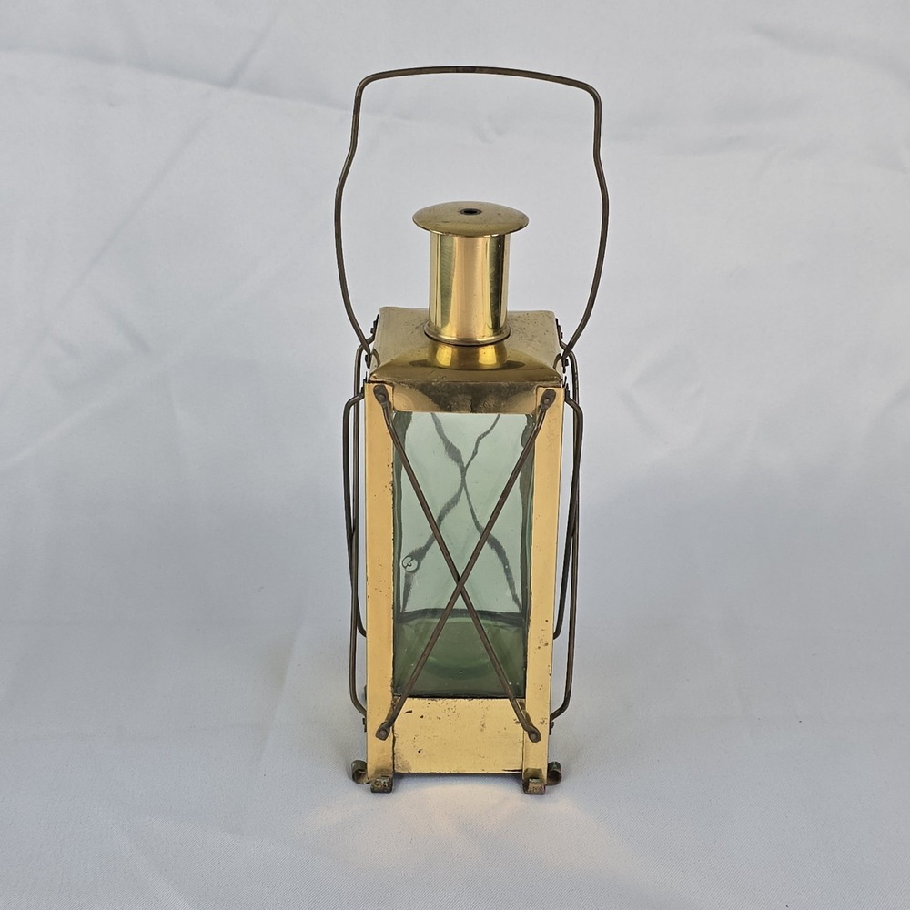 Vtg Brass & Green Glass Sweden Handarbete Wind Up Music Box Lantern Decanter